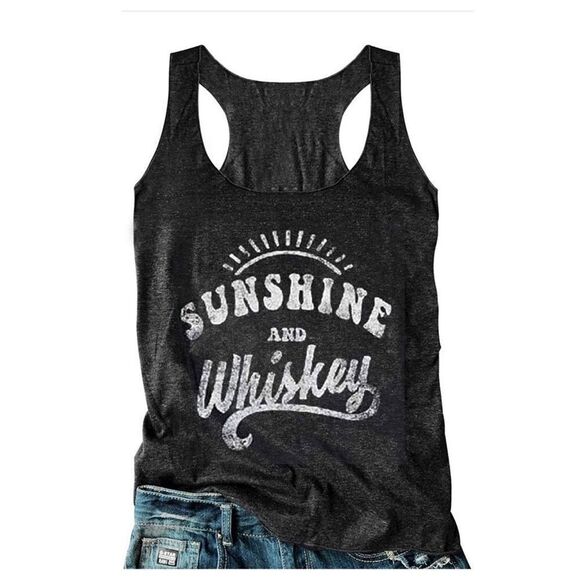 LANMERTREE Tops - Women's Black Sunshine & Whiskey Sleeveless Racerback Tank Top Size L